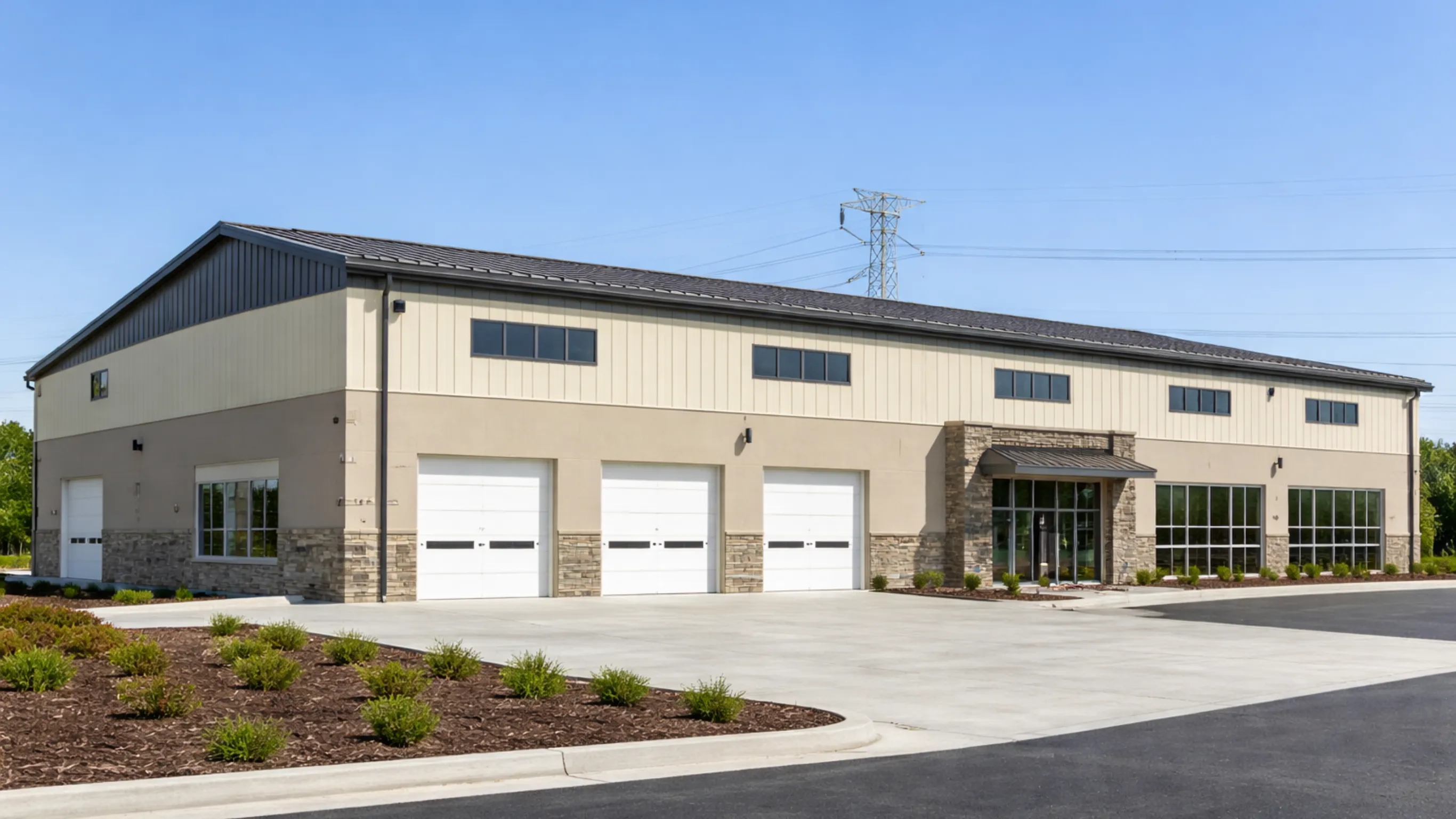 Completed commercial building in Dallas after professional framing with exterior panels, doors, and windows installed.