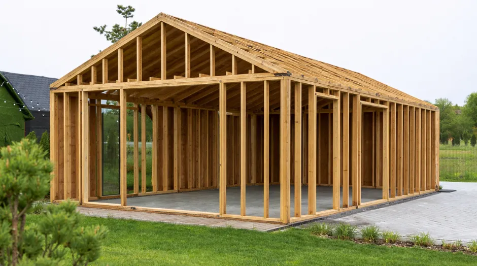 ADU garage conversion framing project with wall studs and roof structure