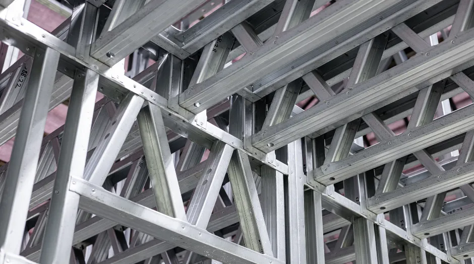 Light gauge steel stud framing used in commercial building construction for fire resistance and durability