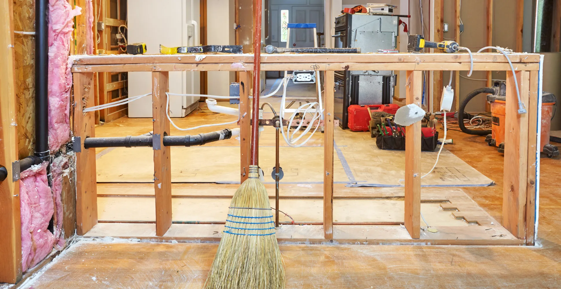Interior remodel framing project in Dallas exposing wall studs for a structural retrofit